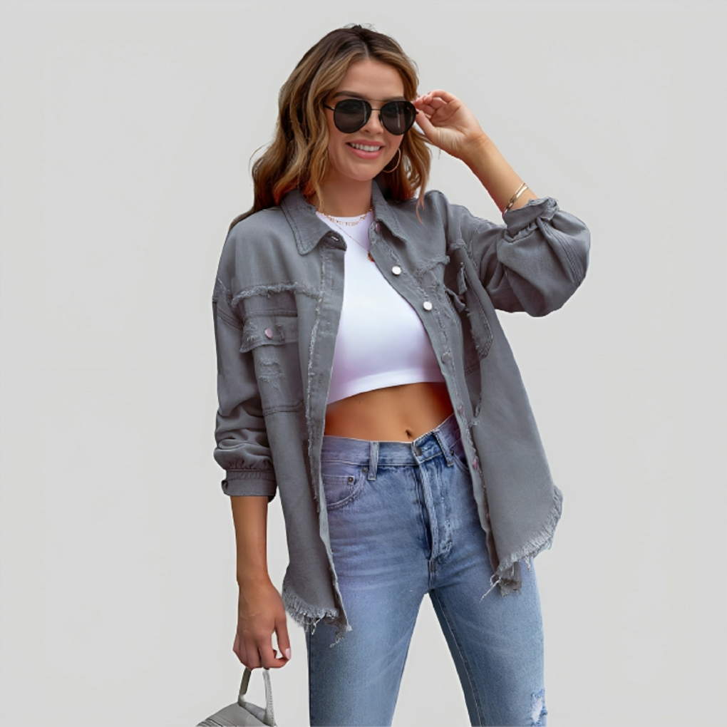 Levoire | Veste en jean frangée pour femmes tendance et confortable Gris