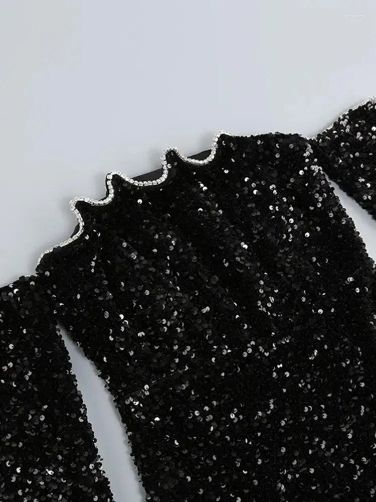 Levoire | Épaules Mesh Paillettes Diamants Noirs Robes Bodycon
