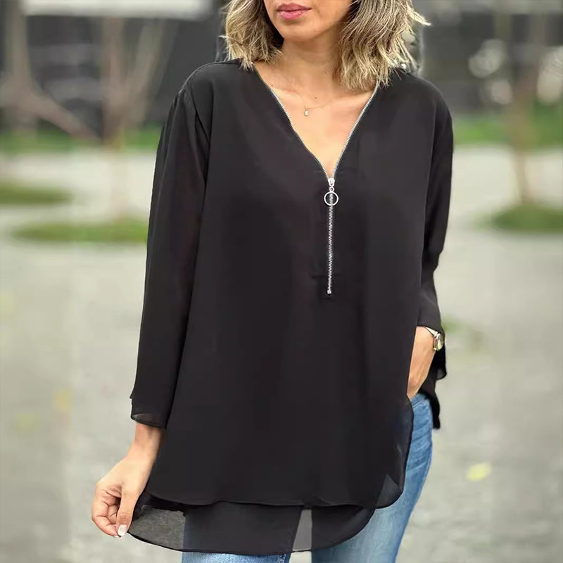 Levoire | Top En Chiffon À Fermeture Éclair Avec Décolleté En V Noir