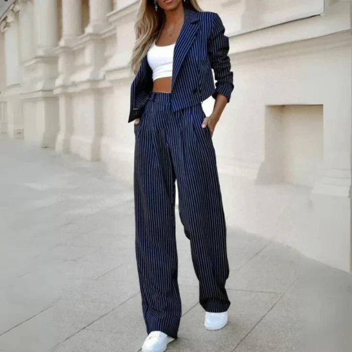 Levoire | Ensemble De Blazer 2 Pièces Et Pantalon Large Pour Femmes Bleu