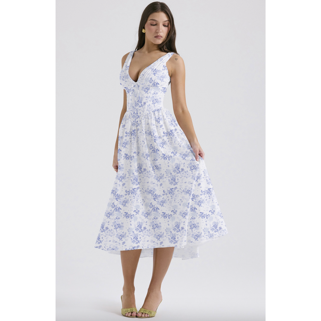 Levoire | Corset Levoire | Robe D'Invitée De Mariage D'Été - Maxi Floral Bleu