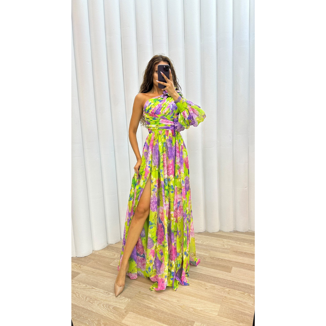 Levoire | Robe D'Invité De Mariage Asymétrique À Imprimé Floral - Maxi Jaune