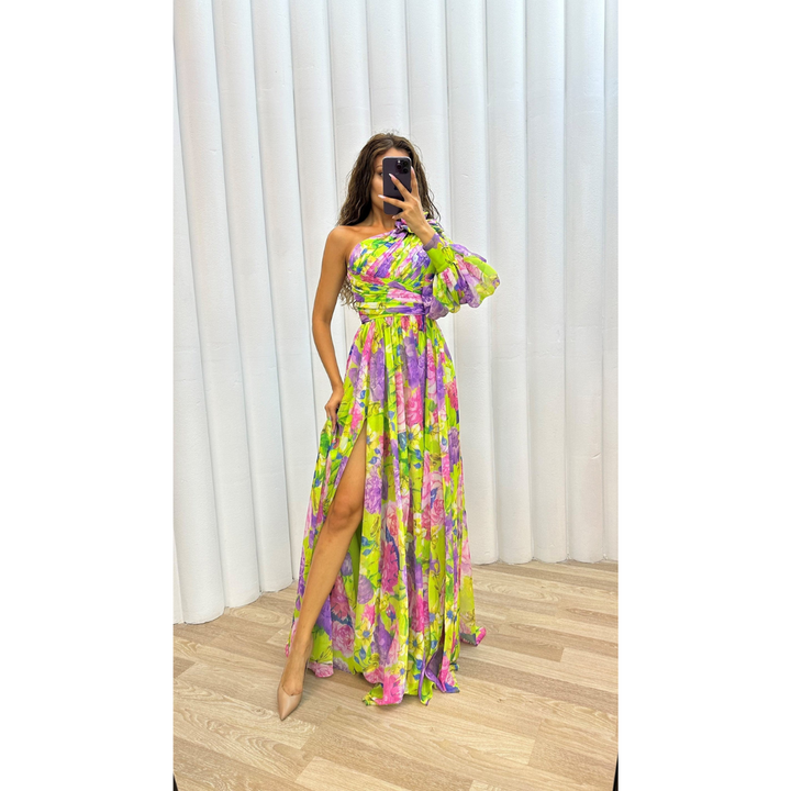 Levoire | Robe D'Invité De Mariage Asymétrique À Imprimé Floral - Maxi Jaune
