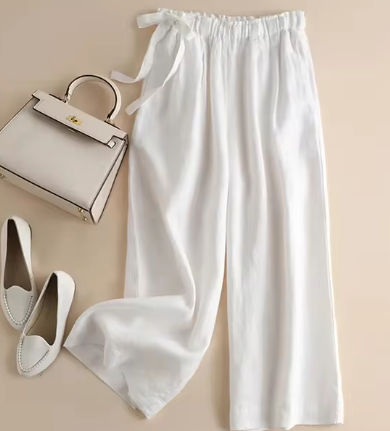 Levoire | Khaki Cravate Élastique Taille Haute Pantalon Droit Blanc