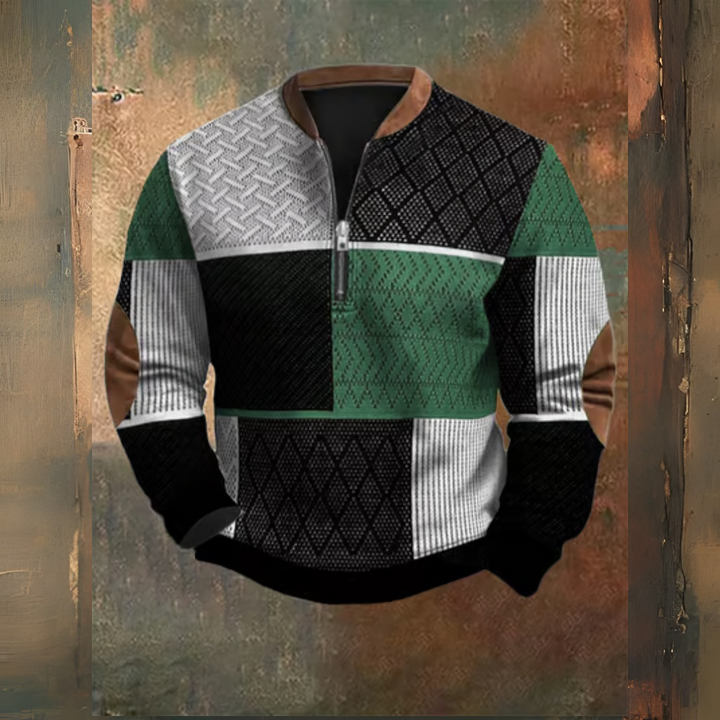 Levoire | Pull Rétro Western Avec Col Zippé Et Imprimé Texturé Vert