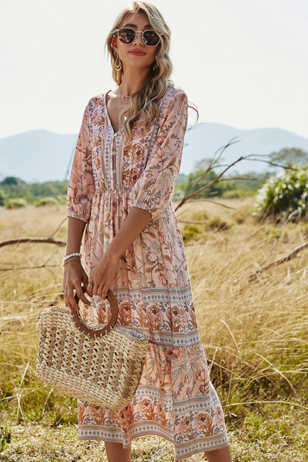 Levoire | Robe de plage boho décolleté en V taille haute Abricot