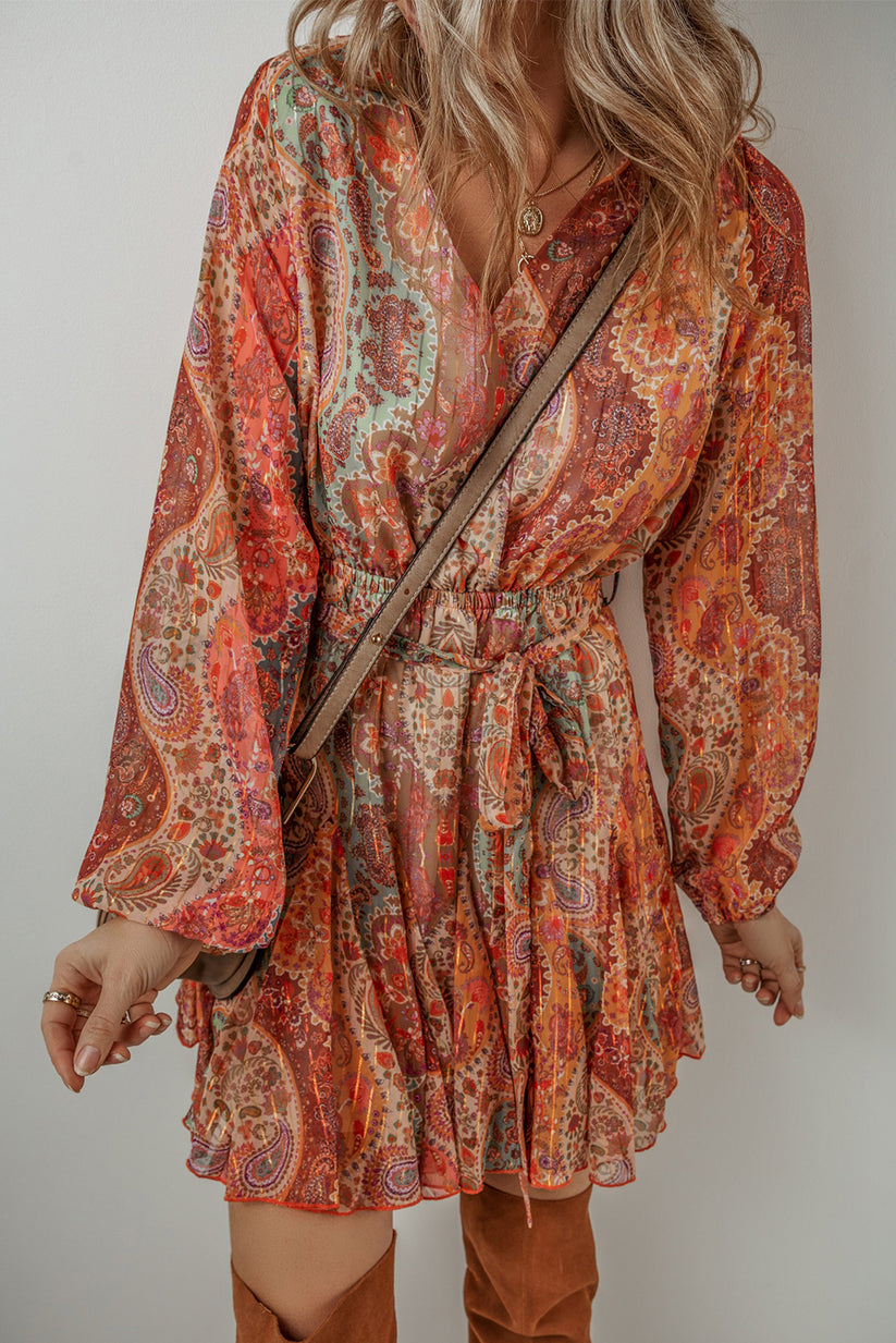 Levoire | Robe Mini Boho Avec Motif Paisley, Manches Longues Et Élégante Ceinture Régulière