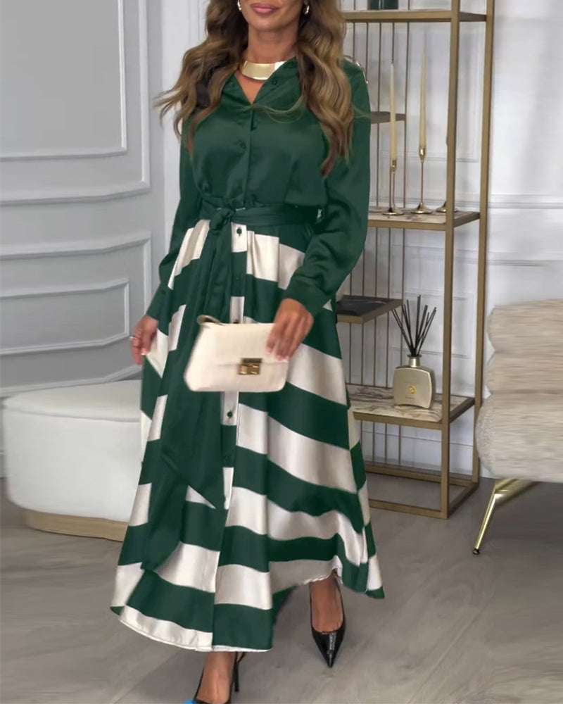 Levoire | Robe Élégante À Rayures Imprimées Avec Revers Et Ceinture