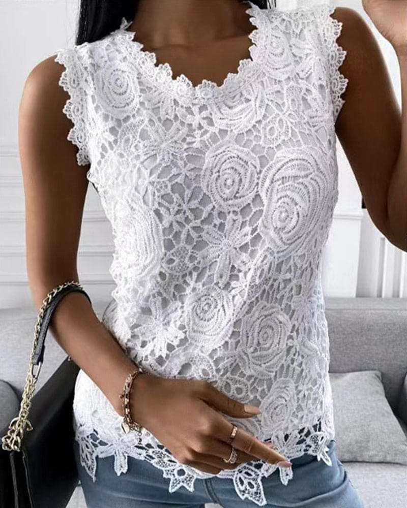 Levoire | Élégante Blouse Dans Une Couleur Unie Avec De La Dentelle Blanc