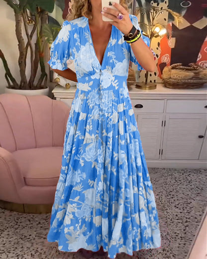 Levoire | Robe À Poches Imprimé Floral Décolleté En V Bleu