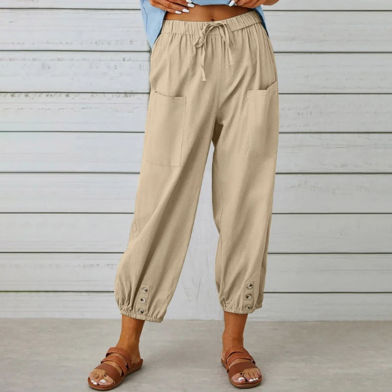 Levoire | Pantalon En Lin Pour Femmes Décontracté Taille Haute Beige