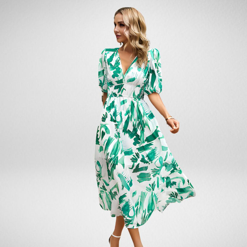 Levoire | Robe Midi Avec Motif Géométrique Et Manches Courtes En Style Lanternes Vert clair