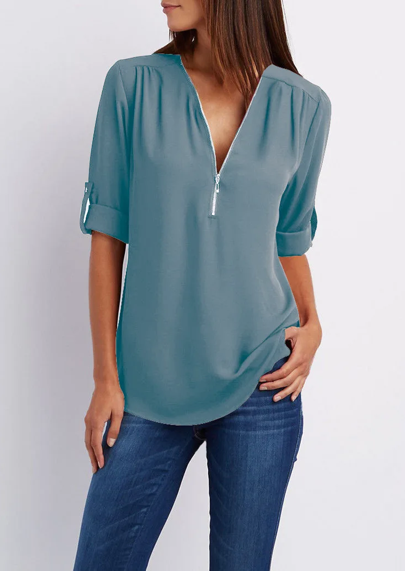 Levoire | Élégante Blouse À Décolleté En V Pour Femmes Bleu