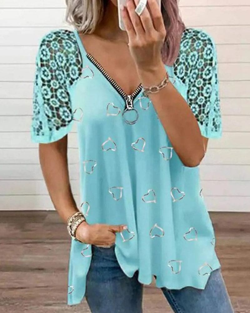 Levoire | Blouse Avec Cœurs Et Manches En Dentelle Avec Fermeture Éclair Bleu
