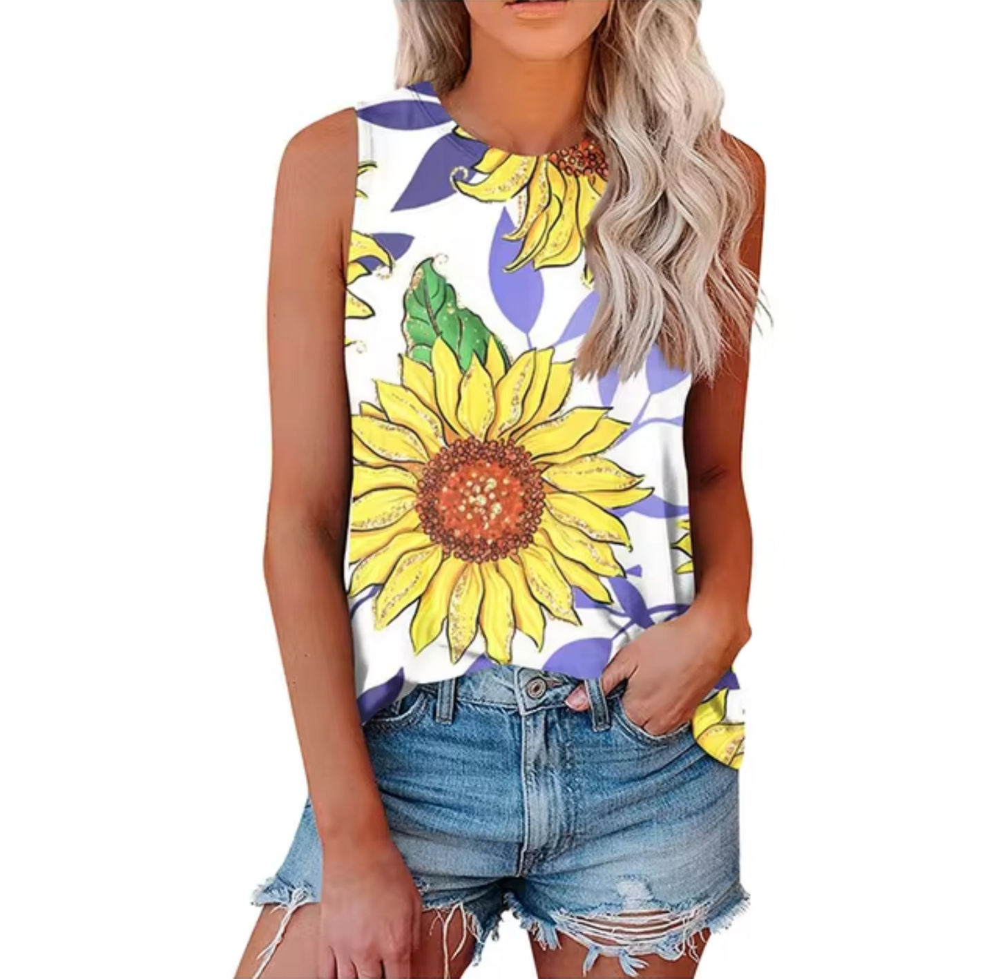 Levoire | T-Shirt Sans Manches Avec Motif De Tournesols Blanc Violet