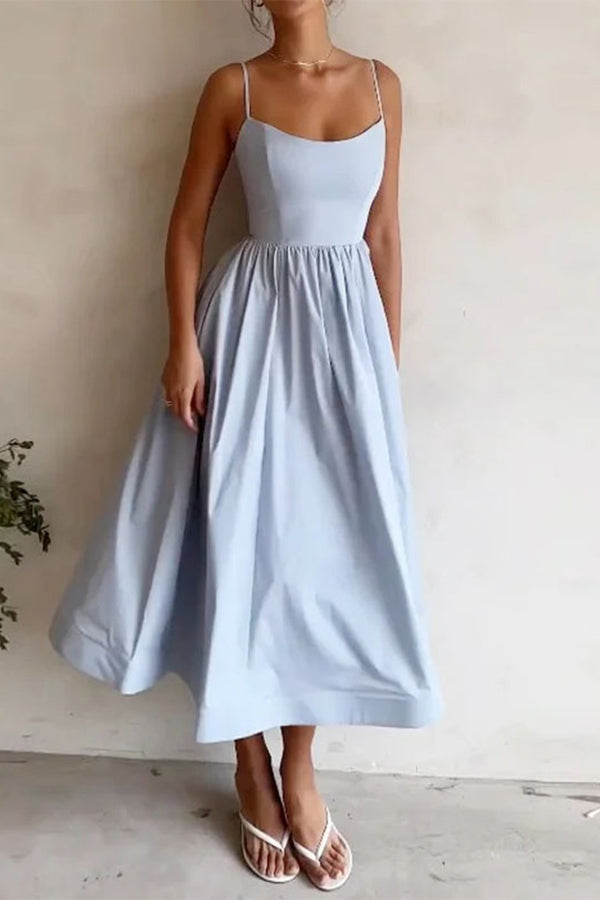 Levoire | Robes à bretelles et décolleté en U avec plis solides Bleu