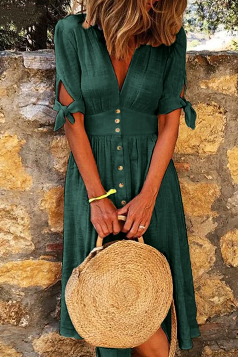 Levoire | Robes décontractées élégantes nouées à col en V avec boucle Vert
