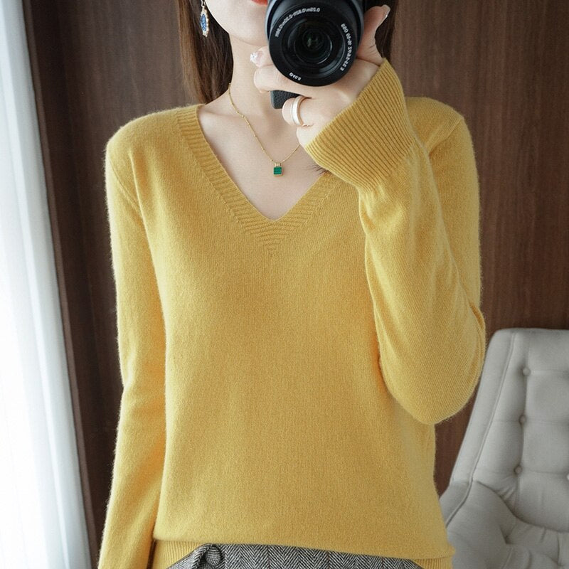 Levoire | Pull Chaud Pour Femmes - Col en V Jaune