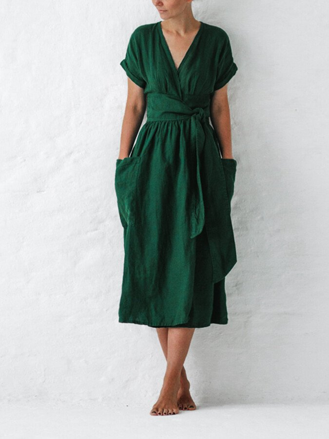 Levoire | Robe midi en lin à nouer avec ceinture pour femmes élégantes Vert
