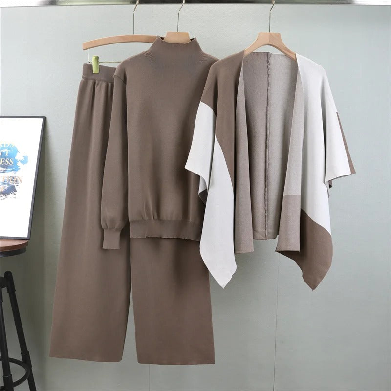Levoire | Pull À Manches Longues, Châle Enveloppant Avec Pantalon Large, Ensemble Trois Pièces Braun Une taille convient à tous