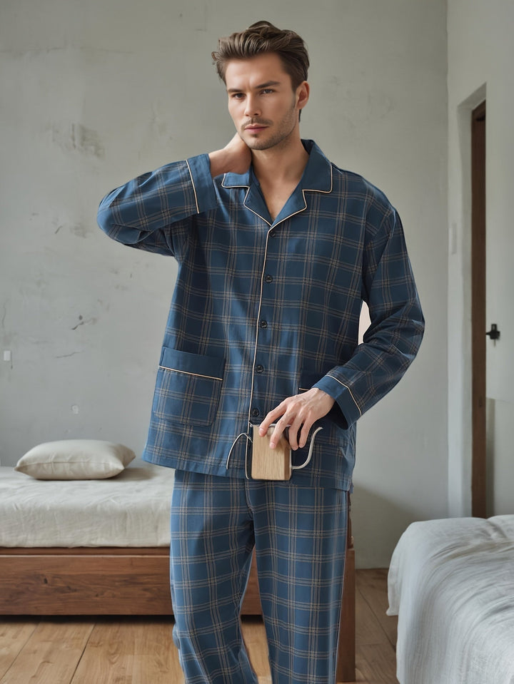 Levoire | Pyjama Set Pour Hommes À Motif Avec Revers Et Manches Longues Pauw Bleu