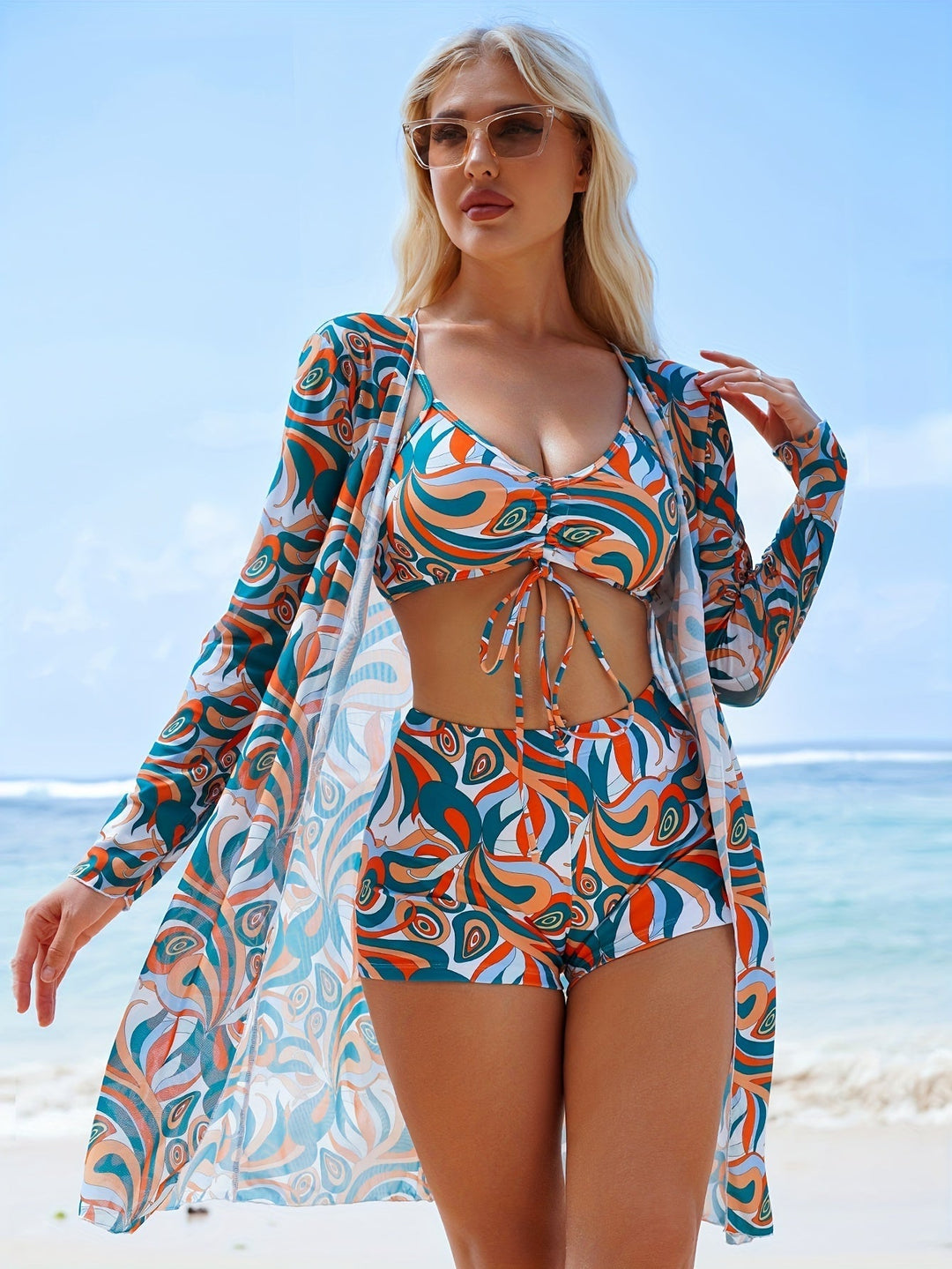 Levoire | Ensemble De Bikini Trois Pièces Avec Revêtement Floral Pour Femmes Vert foncé