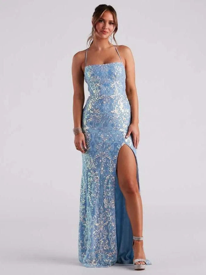 Levoire | Robe de soirée avec des paillettes et un large décolleté Bleu ciel