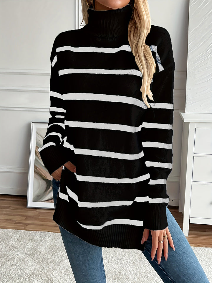 Levoire | Pull Col Roulé Rayé à Manches Longues Plus Chaud Noir