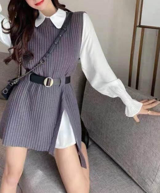 Levoire | Gilet Tricoté À Lacets & Chemise Blanche Décontractée Mode Pour Femmes