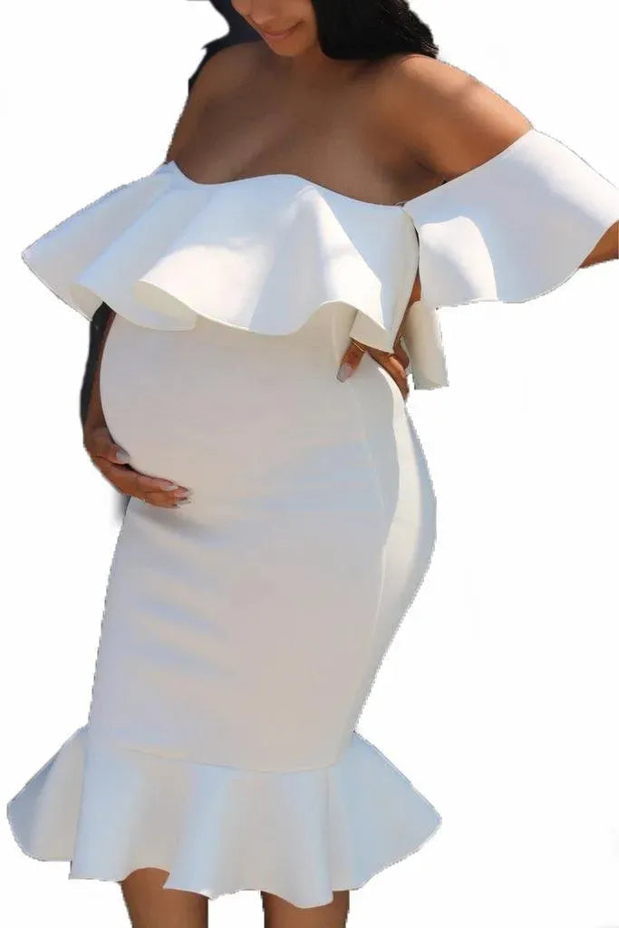 Levoire | Robe de maternité avec des volants élastiques pour femmes enceintes Blanc