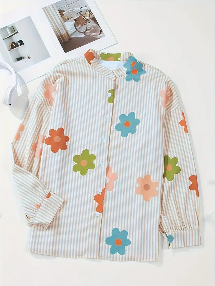Levoire | Chemisier À Rayures Fleuries Avec Patte De Boutonnage Pour Femmes 2XL