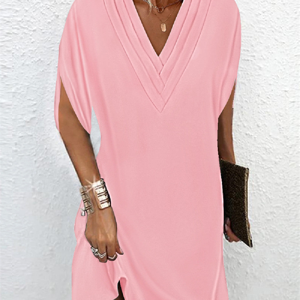 Levoire | Robe à Manches Courtes Et col En V Pour Femme - Midi Rose