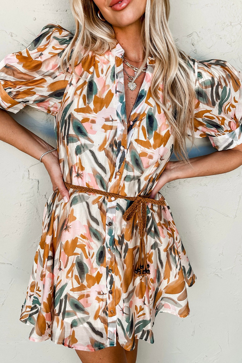 Levoire | Robe Mini À Manches Courtes Imprimée À Encolure En V Braun