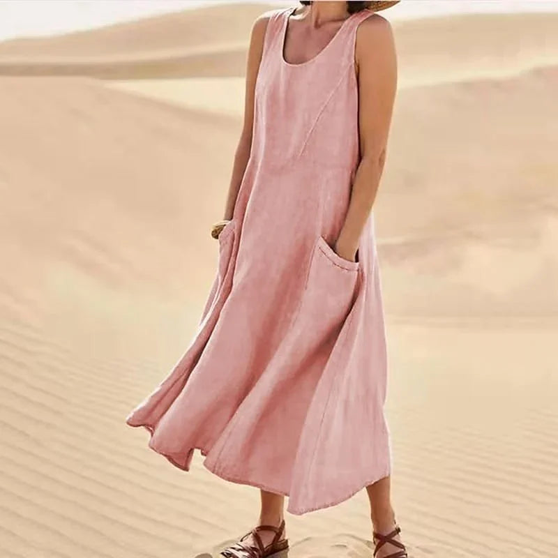 Levoire | Robe sans manches en coton et lin avec poches pour femme Rose