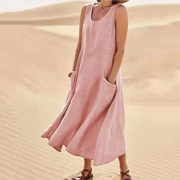 Levoire | Robe sans manches en coton et lin avec poches pour femme Rose