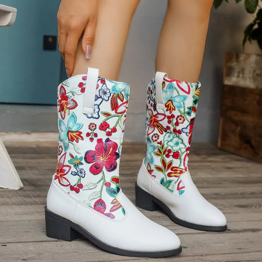 Levoire | Bottes mi-hautes avec fleurs brodées et bout rond