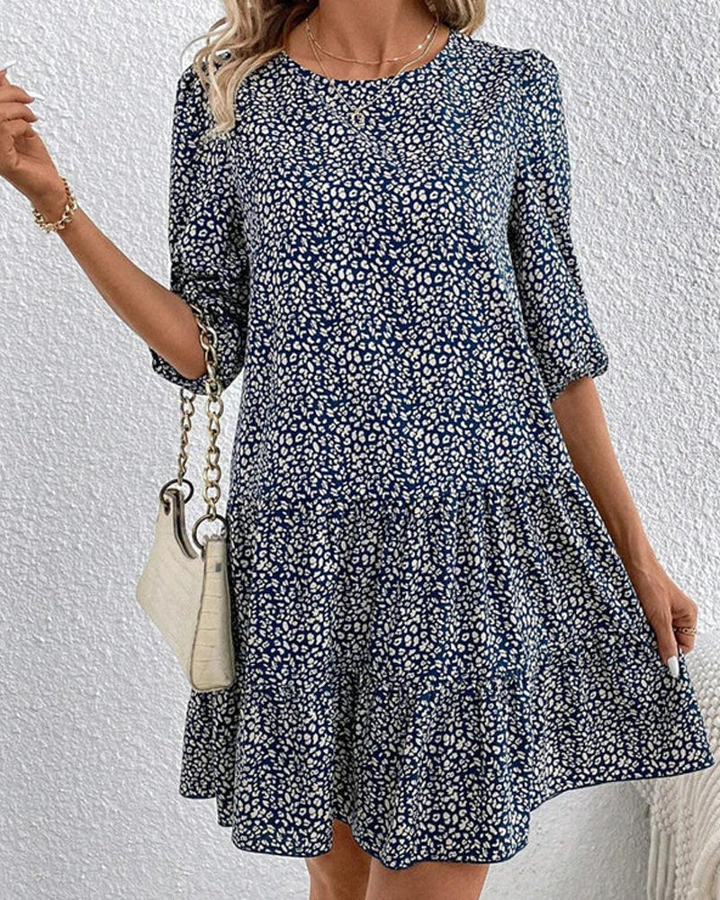 Levoire | Robe Décontractée Imprimée À Demi-Manches Avec Col Rond Bleu