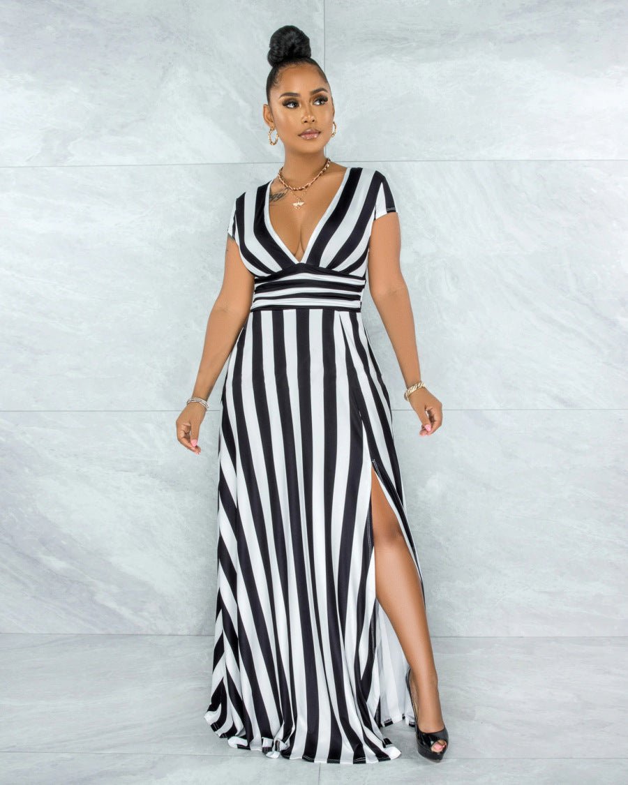Levoire | Robe Dame Longue Luxueuse Avec Rayures Noir