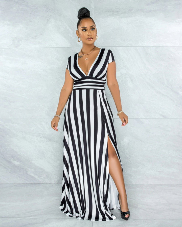 Levoire | Robe Dame Longue Luxueuse Avec Rayures Noir