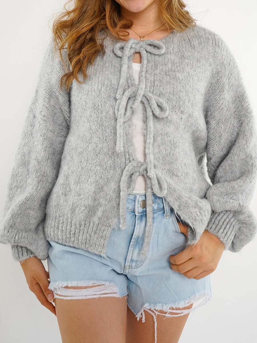 Levoire | Pull En Maille Stylé Ouvert Avec Design À Nouer Et Manches Longues Gris