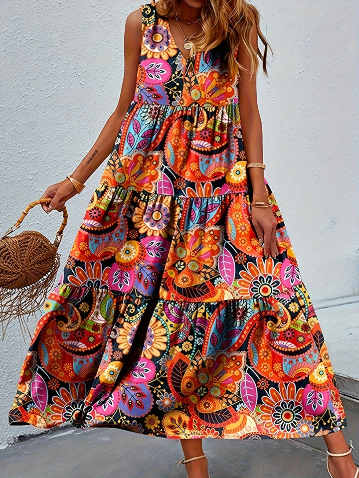 Levoire | Femme Robe de débardeur à volants imprimée en partout - Orange Rouge Orange-Rouge