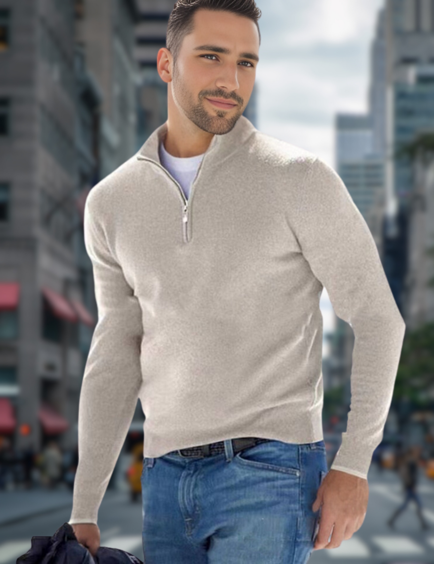 Levoire | Pull À Col En V Premium Avec Fermeture Éclair Pour Hommes Beige