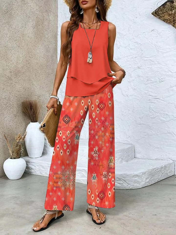 Levoire | Élégante Blouse Unie Et Pantalon À Motifs Ensemble