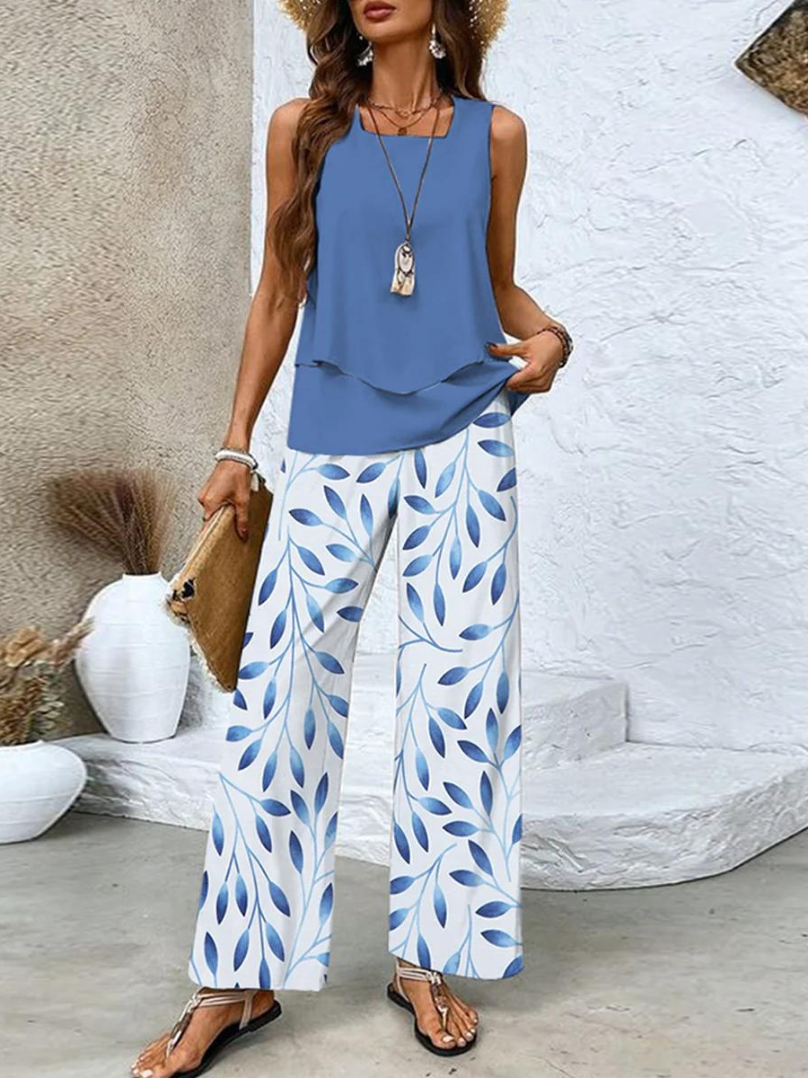 Levoire | Élégante Blouse Unie Et Pantalon À Motifs Ensemble
