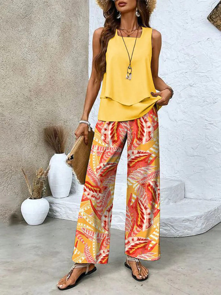 Levoire | Élégante Blouse Unie Et Pantalon À Motifs Ensemble