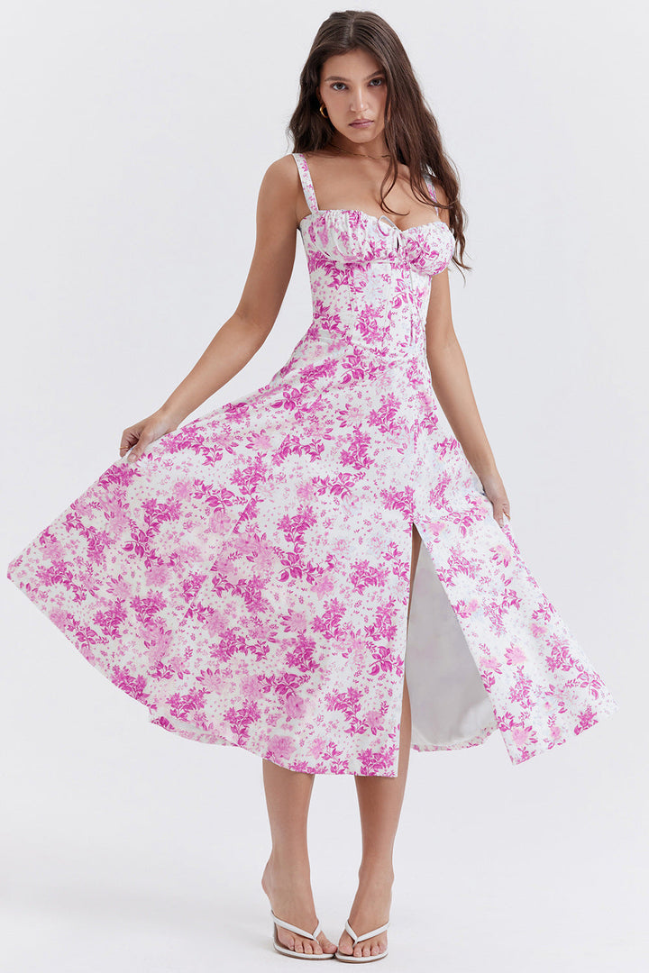 Levoire | Robe fleurie à bretelles pour femmes intemporelle Rose blanche