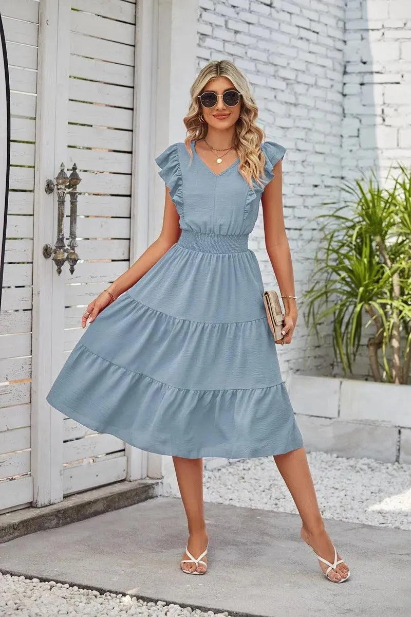 Levoire | Nouvelle robe à volants sans manches en V Bleu clair