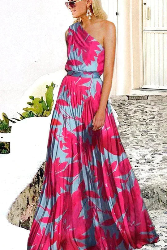 Levoire | Robe Maxi Imprimée Avec Zone D'Épaule Asymétrique Rosa