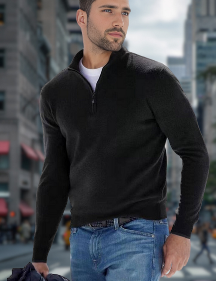 Levoire | Pull À Col En V Premium Avec Fermeture Éclair Pour Hommes Noir