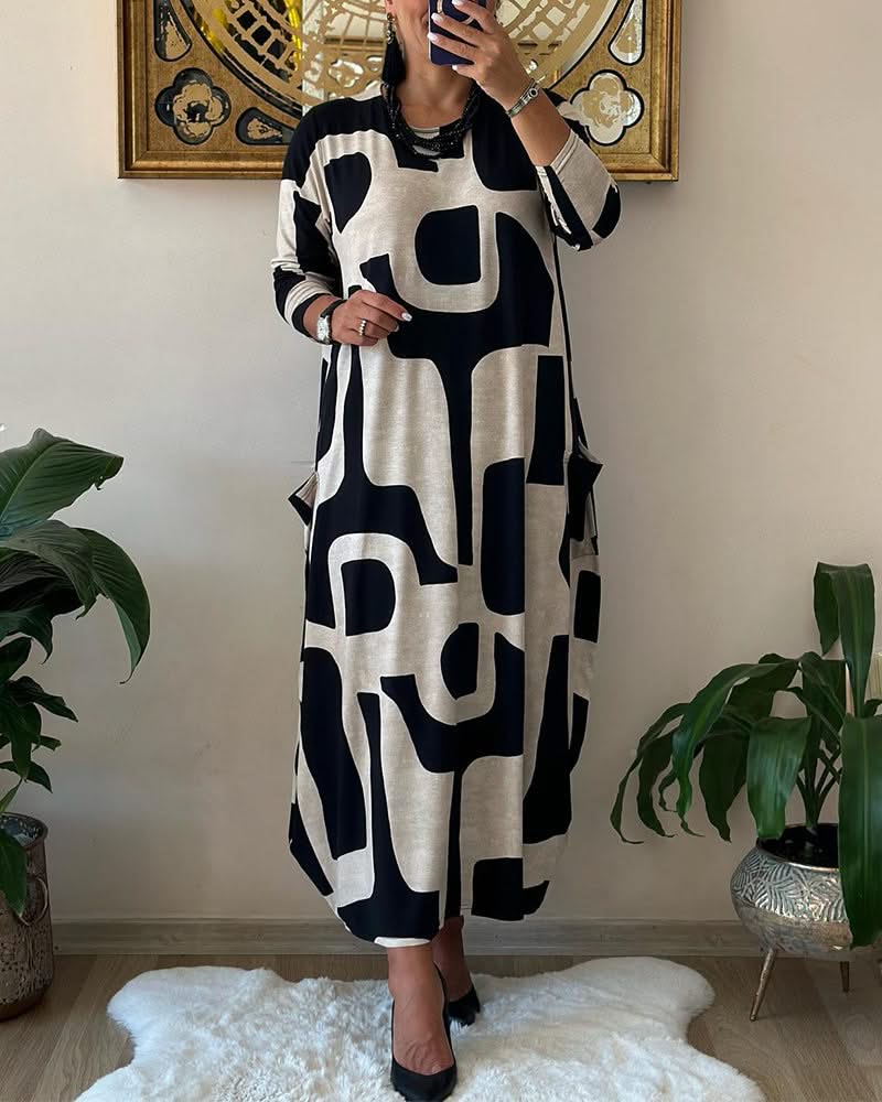 Levoire | Long Printed Dress With Long Sleeves Noir